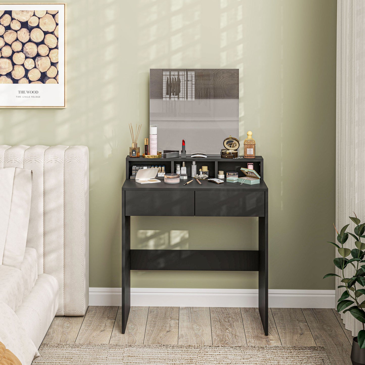 Dressing Table with Mirror, Drawers, for Bedroom, Black