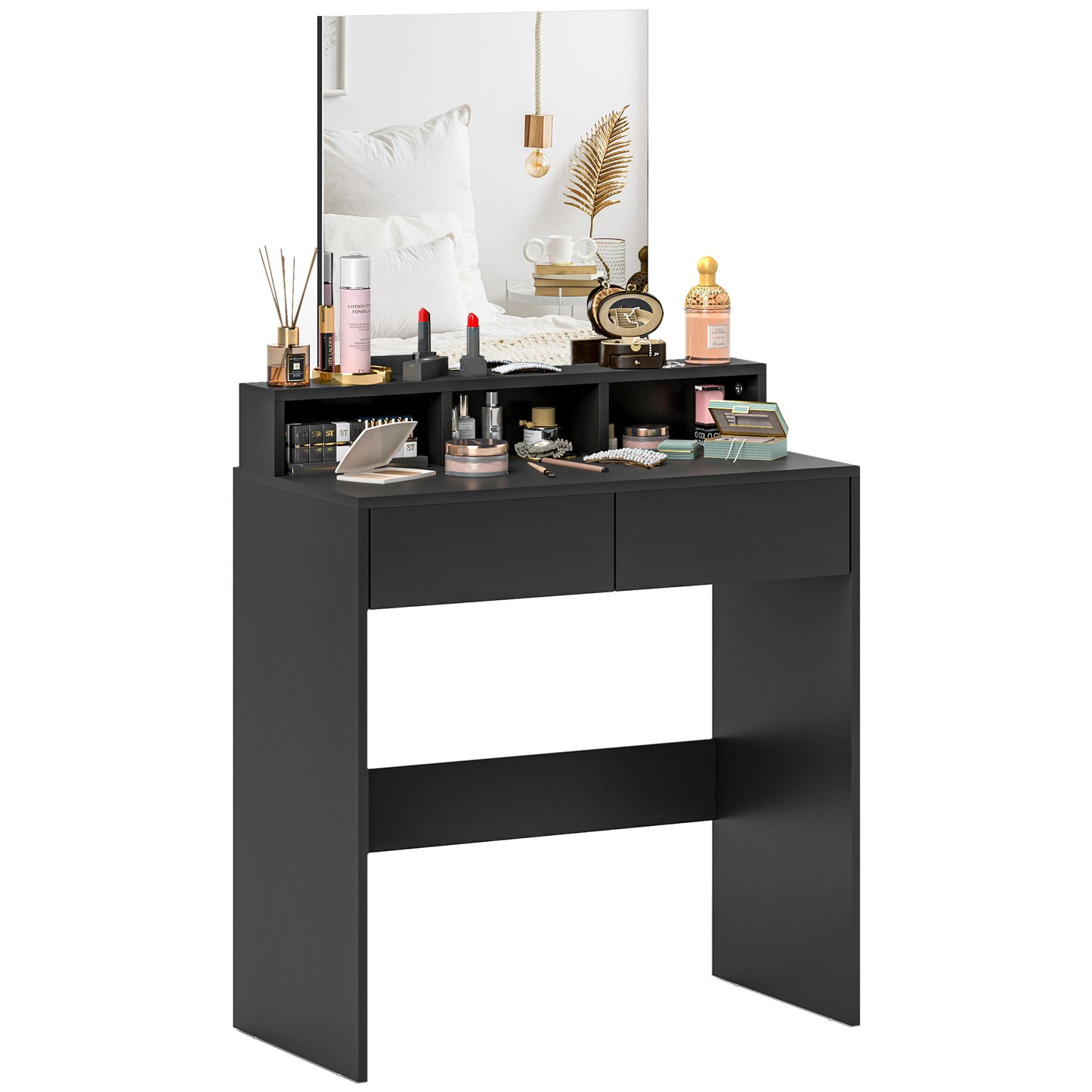 Dressing Table with Mirror, Drawers, for Bedroom, Black