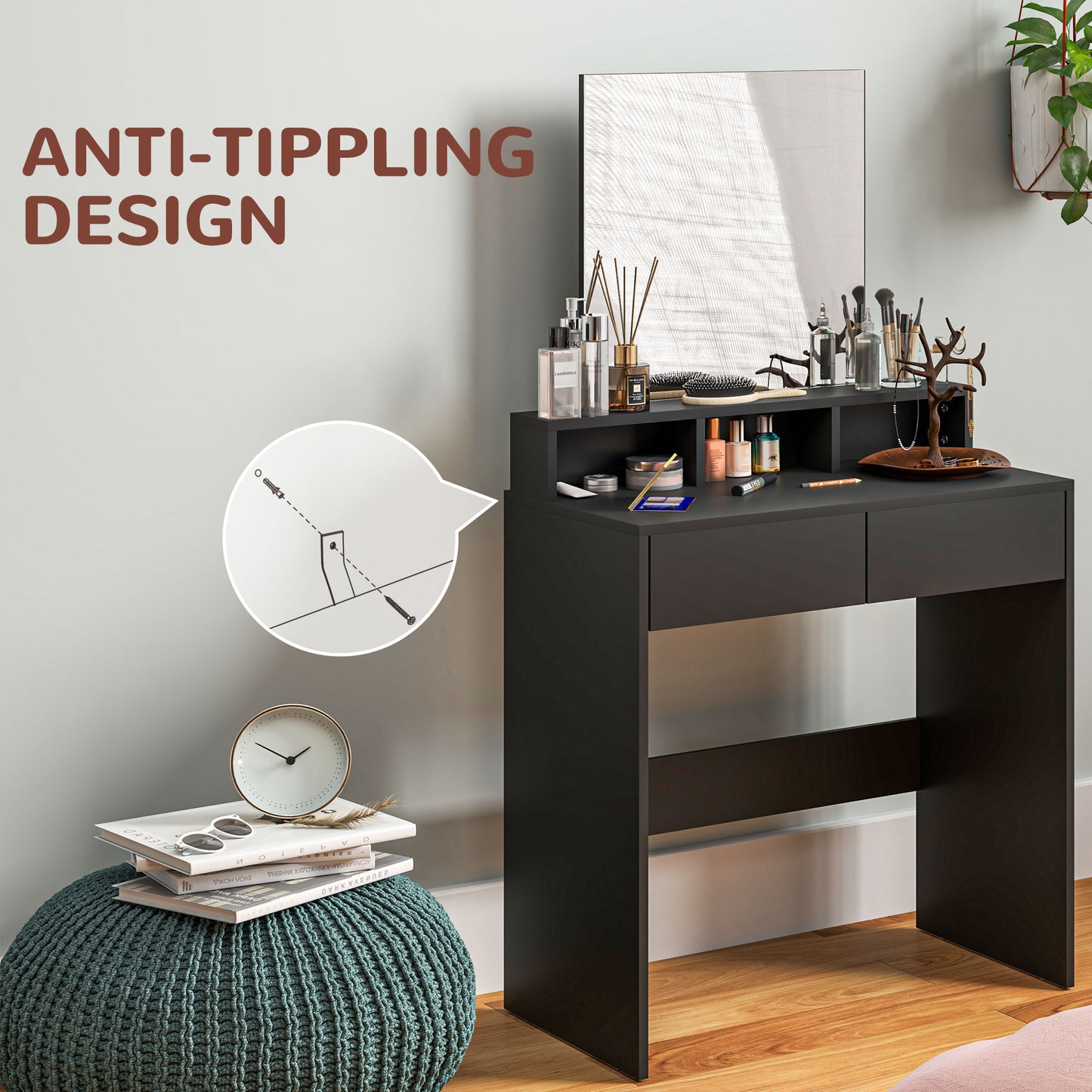 Dressing Table with Mirror, Drawers, for Bedroom, Black