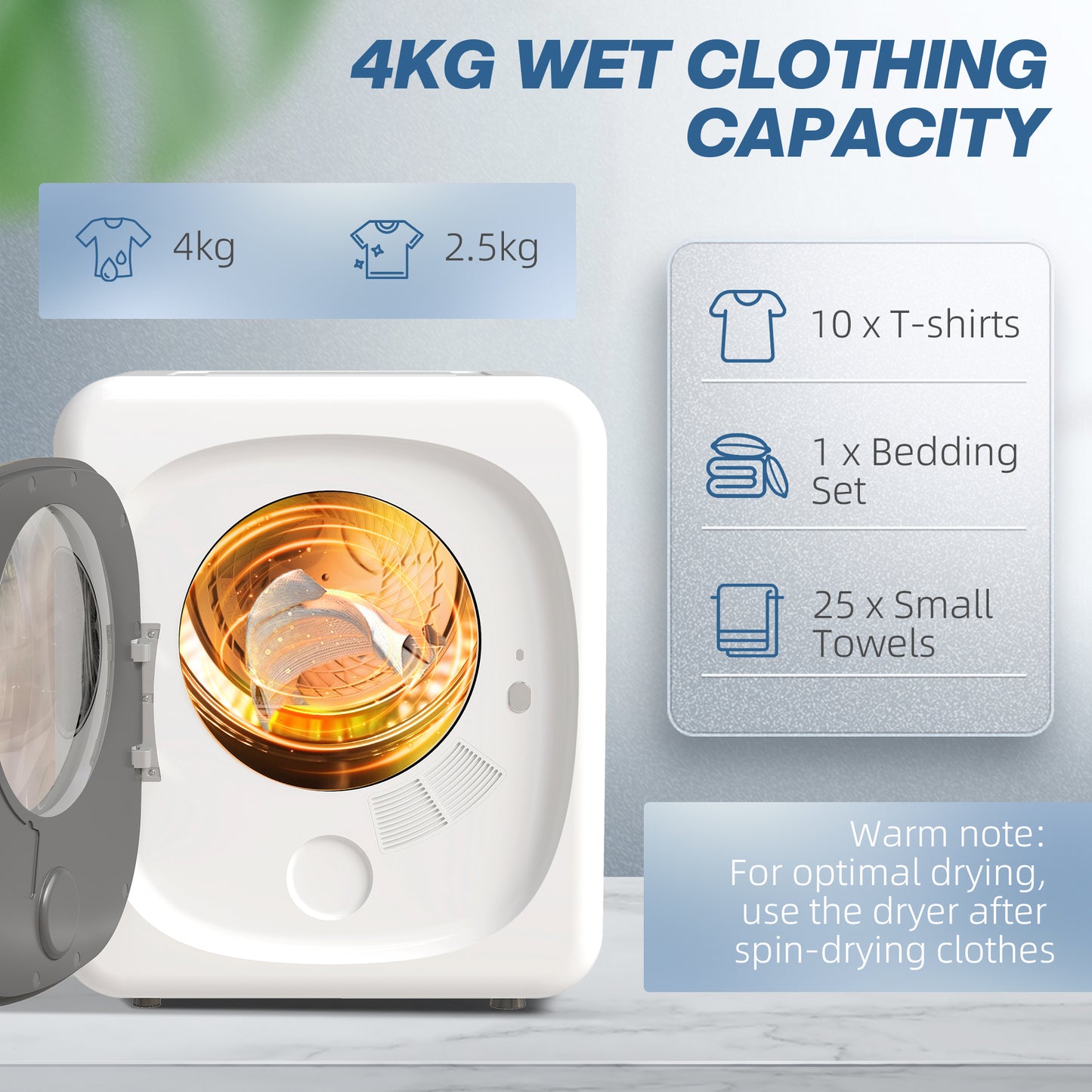 Compact Dryer Machine with 5 Modes, 4kg Small Tumble Dryer, White