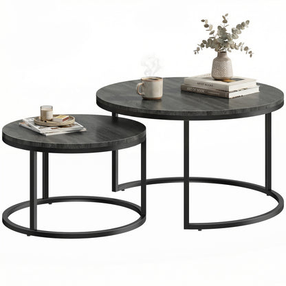 2 Pcs Stacking Coffee Table Set Steel Frame, Black Wood Grain