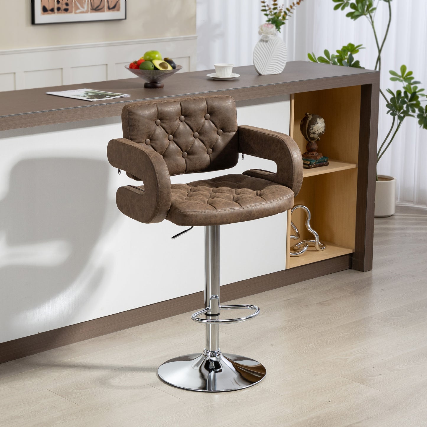 Adjustable Height Barstool Steel Pole PU Leather, Coffee