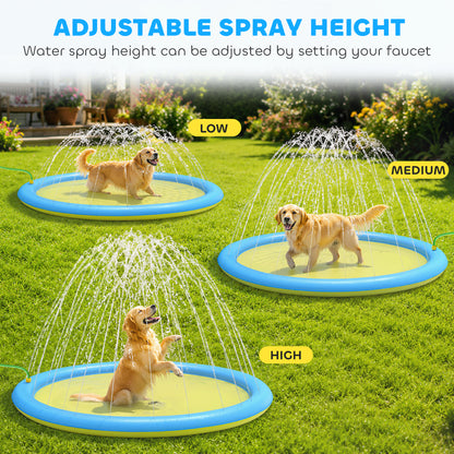 Dog Splash Pad, Pet Sprinkler Mat, Non-Slip Dog Paddling Pool, Foldable Outdoor Sprinkler and Splash Mat Water Play for Garden, Patio, Summer Fun, 170 cm, Yellow