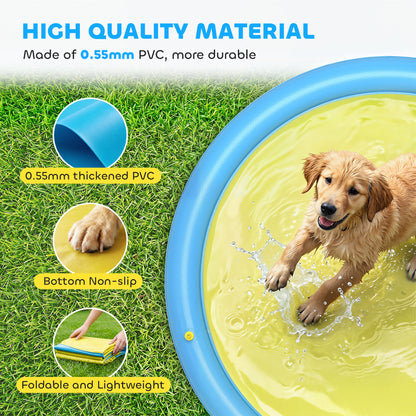 Dog Splash Pad, Pet Sprinkler Mat, Non-Slip Dog Paddling Pool, Foldable Outdoor Sprinkler and Splash Mat Water Play for Garden, Patio, Summer Fun, 170 cm, Yellow