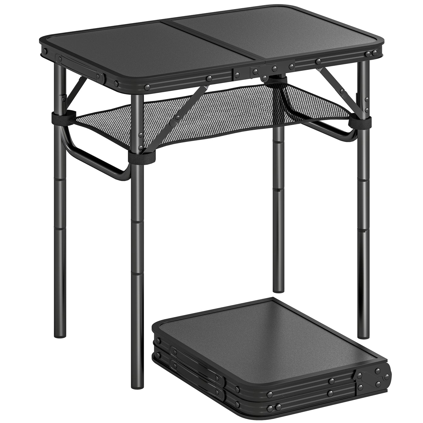 2ft Folding Camping Table, Picnic Table with Storage Layer, Black