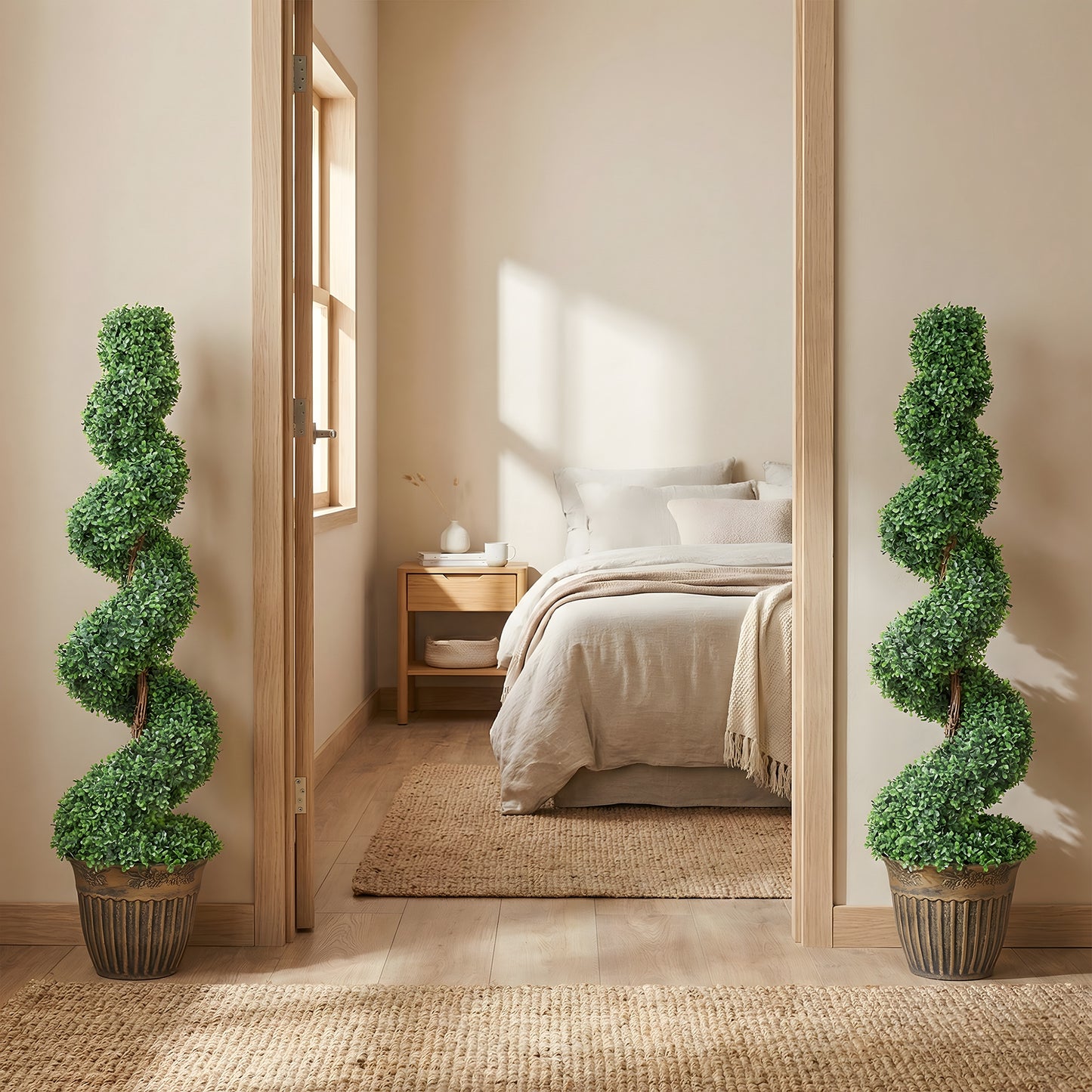 Set of 2 Potted Artificial Plants, Topiary Spiral Boxwood Trees