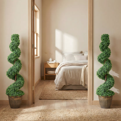 Set of 2 Potted Artificial Plants, Topiary Spiral Boxwood Trees
