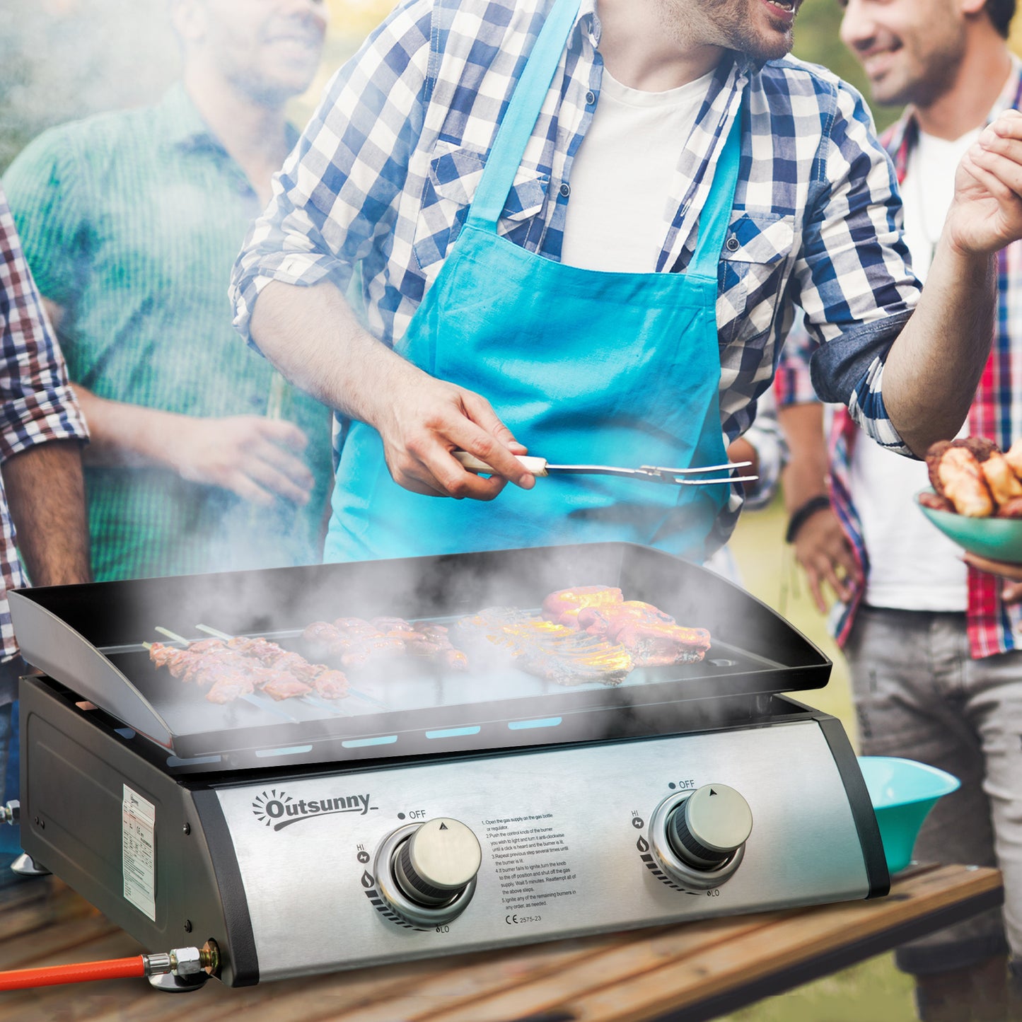 Portable Gas Plancha BBQ Grill with 2 Stainless Steel Burner, 6kW