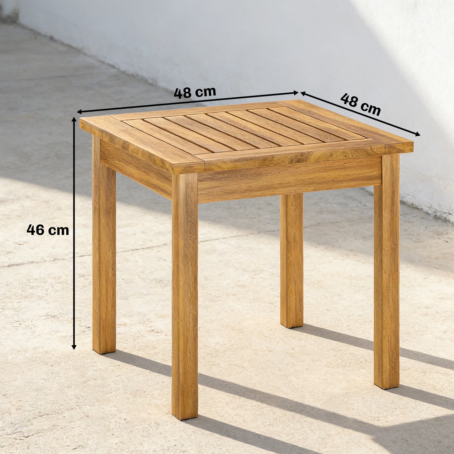 Garden Table, Outdoor Side Table with Slatted Tabletop, Adjustable Foot Pads, Solid Acacia Wood for Indoor Outdoor, Living Room, Balcony, Natural Wood