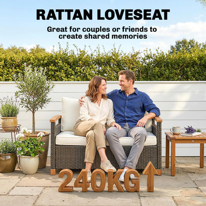 2 Seater Rattan Garden Sofa with Acacia Wood Armrests, Brown