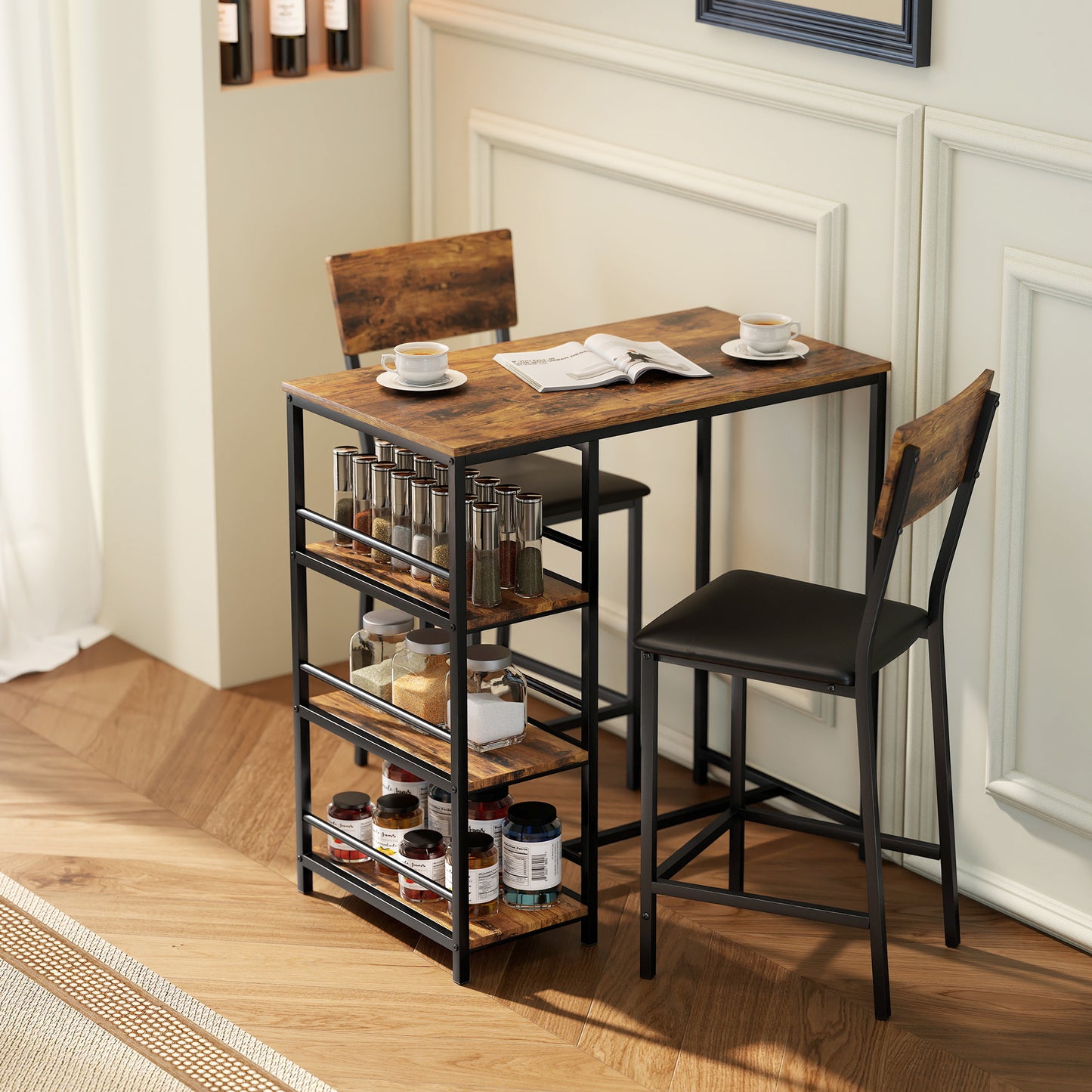 Industrial Bar Table Set with Storage and Padded Seats, Rustic Brown