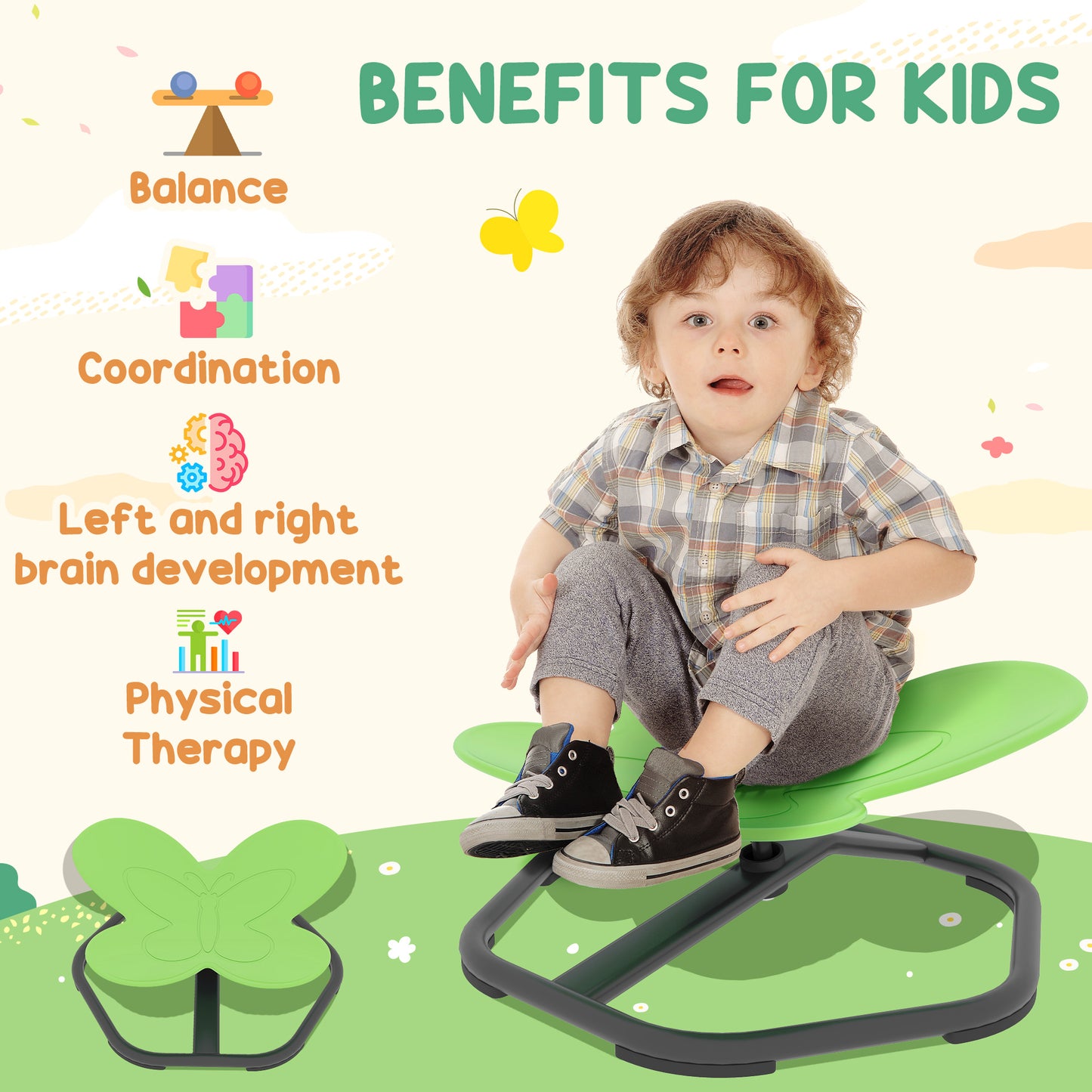 Butterfly-Shaped Kids Swivel Chair, Sensory Spinning Chair, Green