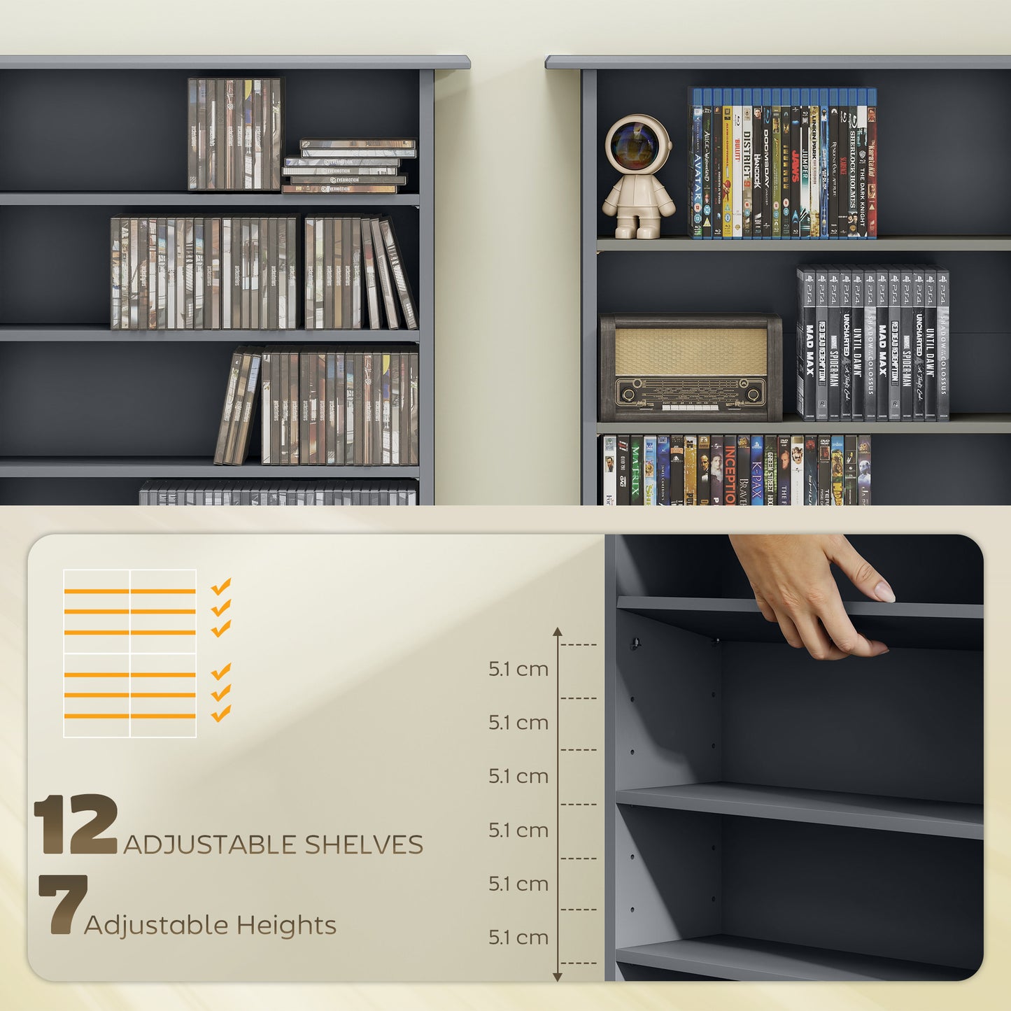 CD Storage Unit DVD Tower Blu-ray Storage Shelf for Office, Grey