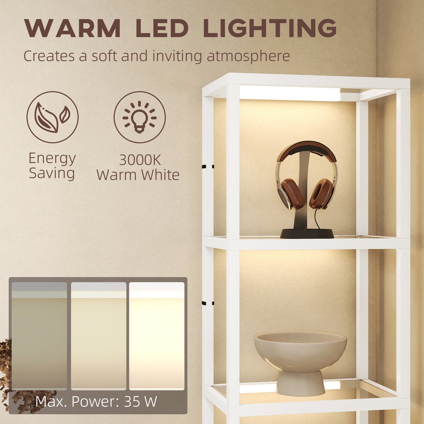 LED Floor Lamp with Glass Shelves, Dimmable Room Lamp, White