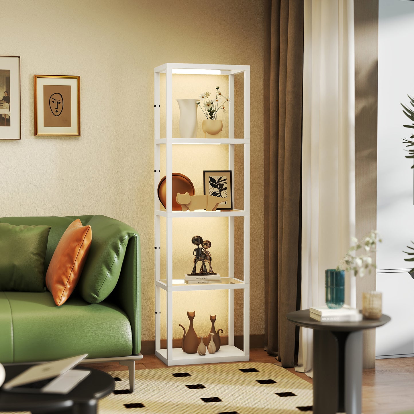 LED Floor Lamp with Glass Shelves, Dimmable Room Lamp, White