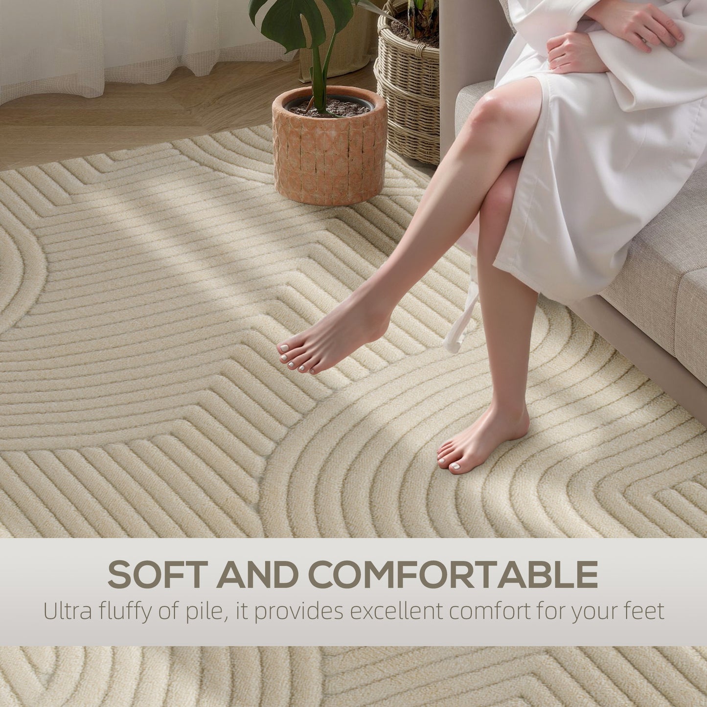Modern Geometric Rug, Thick & Plush, Non-Slip, 160 x 120 cm – Cream