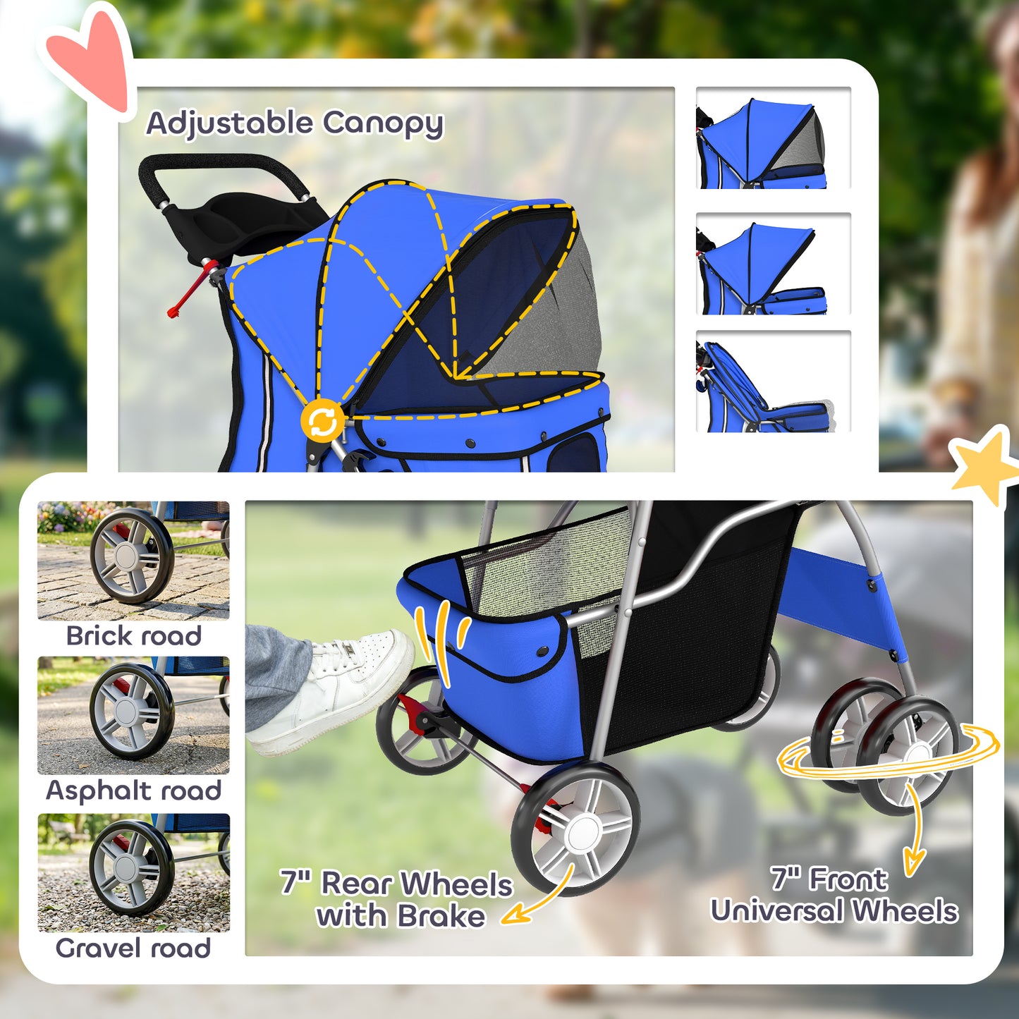 Dog Pram, Foldable Pet Stroller for Small Miniature Dogs Cats, Pet Buggy Pushchair with 360° Swivel EVA Wheels, Brake, Reflective Strips, Mesh Windows, Washable Cushion, Blue