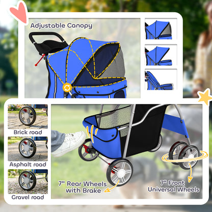 Dog Pram, Foldable Pet Stroller for Small Miniature Dogs Cats, Pet Buggy Pushchair with 360° Swivel EVA Wheels, Brake, Reflective Strips, Mesh Windows, Washable Cushion, Blue