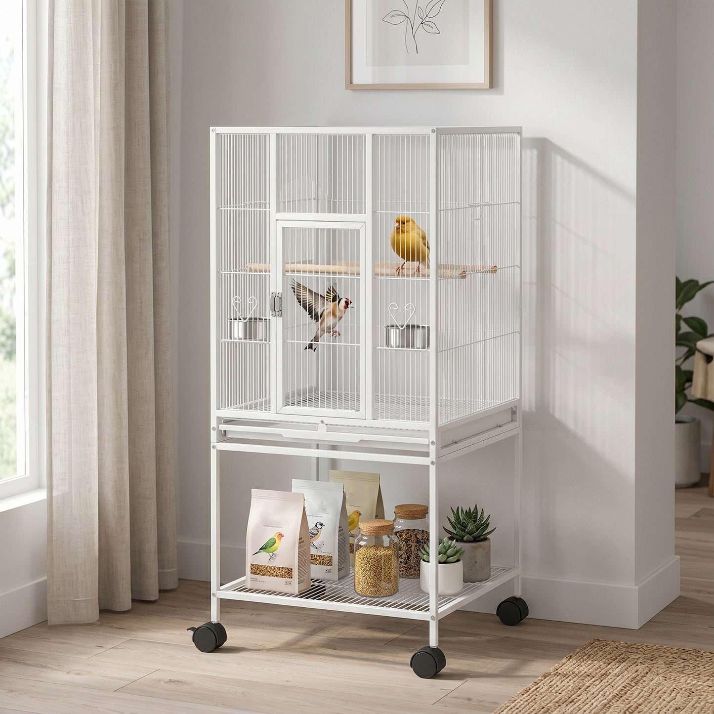 Detachable Bird Cage on Wheels, for Finches, Parakeets, Budgies, Budgie Cage, Parrot Aviary with Accessories, Storage Shelf - White