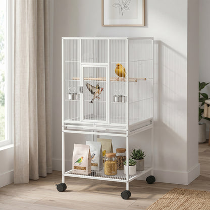 Detachable Bird Cage on Wheels, for Finches, Parakeets, Budgies, Budgie Cage, Parrot Aviary with Accessories, Storage Shelf - White