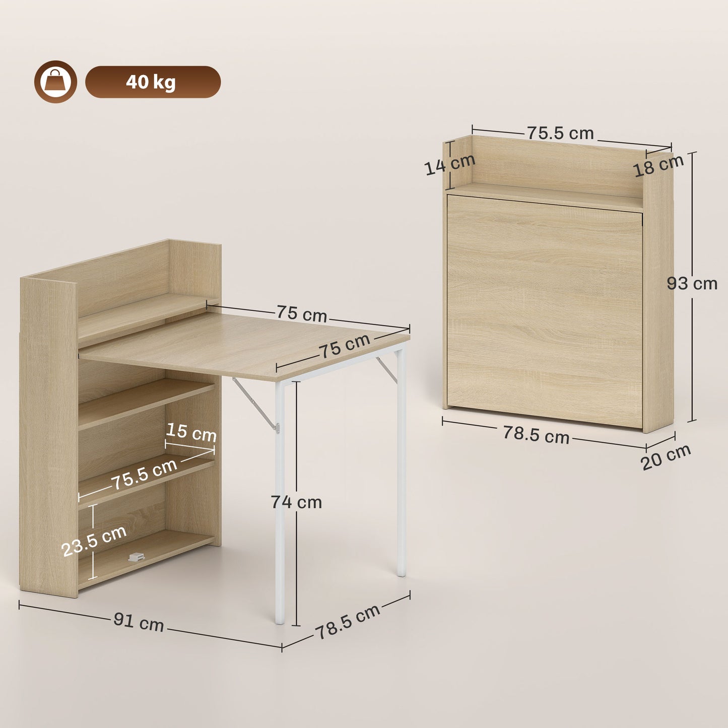 Folding Dining Table, Kitchen Table with Shelves Oak Wood Effect