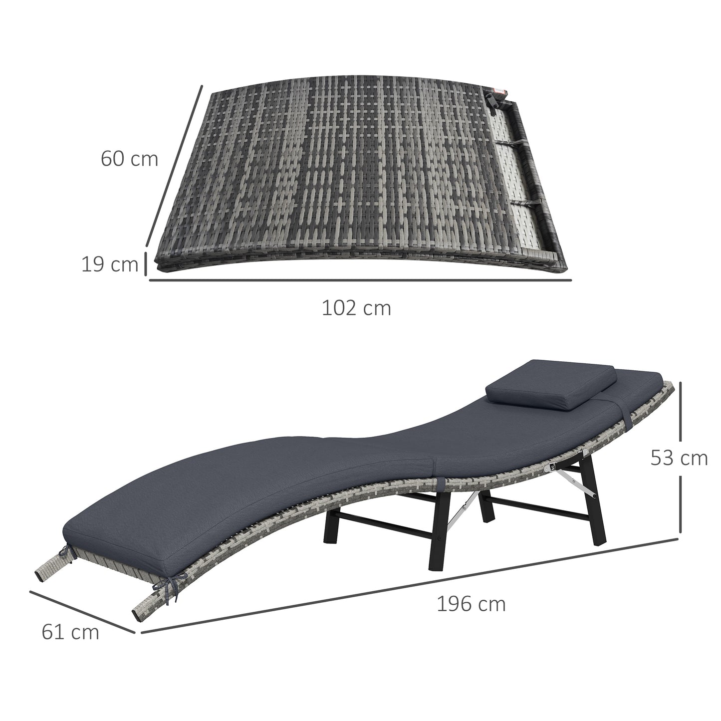 Rattan Folding Sun Lounger Outdoor Chair with Cushion and Pillow Grey