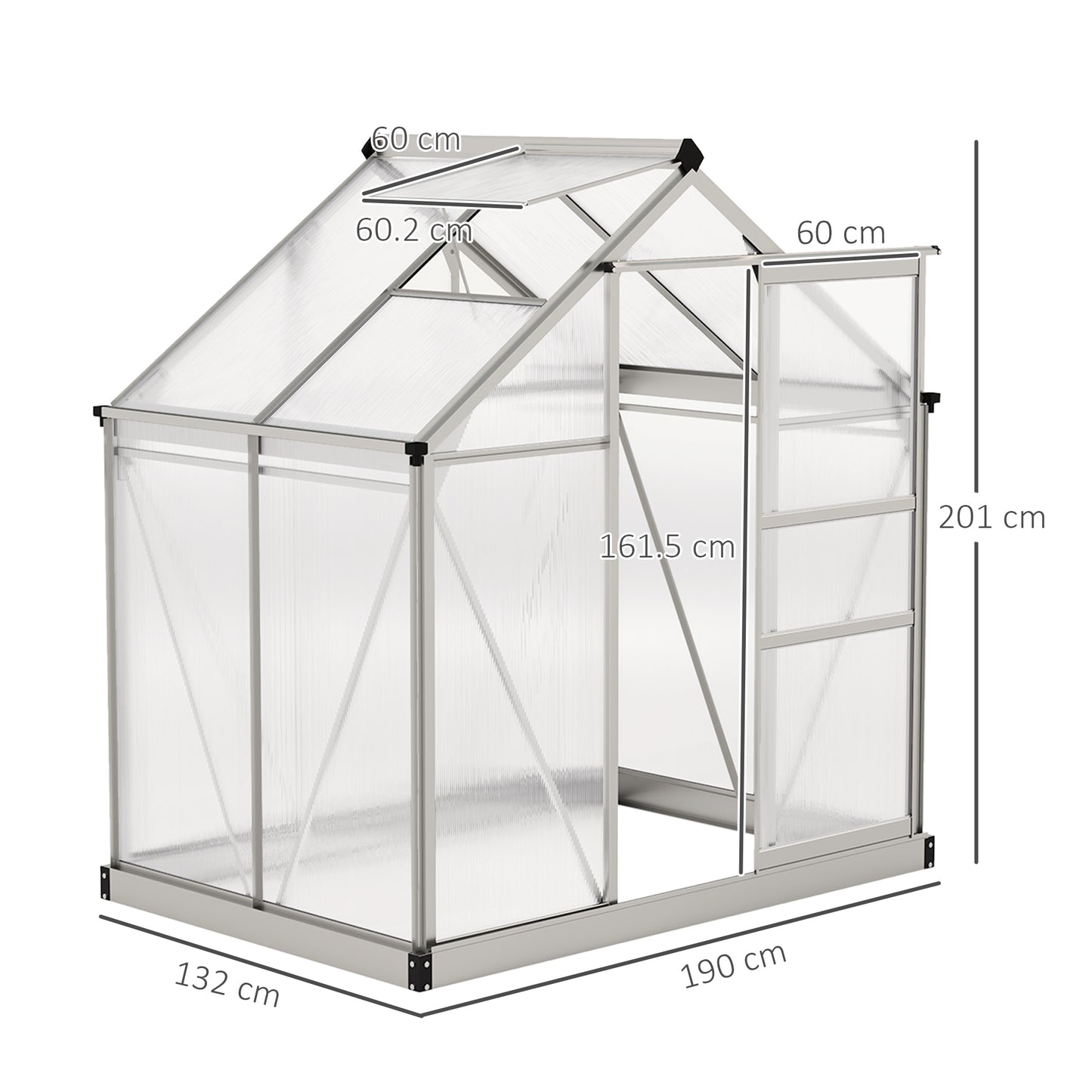 6x4ft Walk-In Polycarbonate Greenhouse Plant Grow Galvanied Aluminium