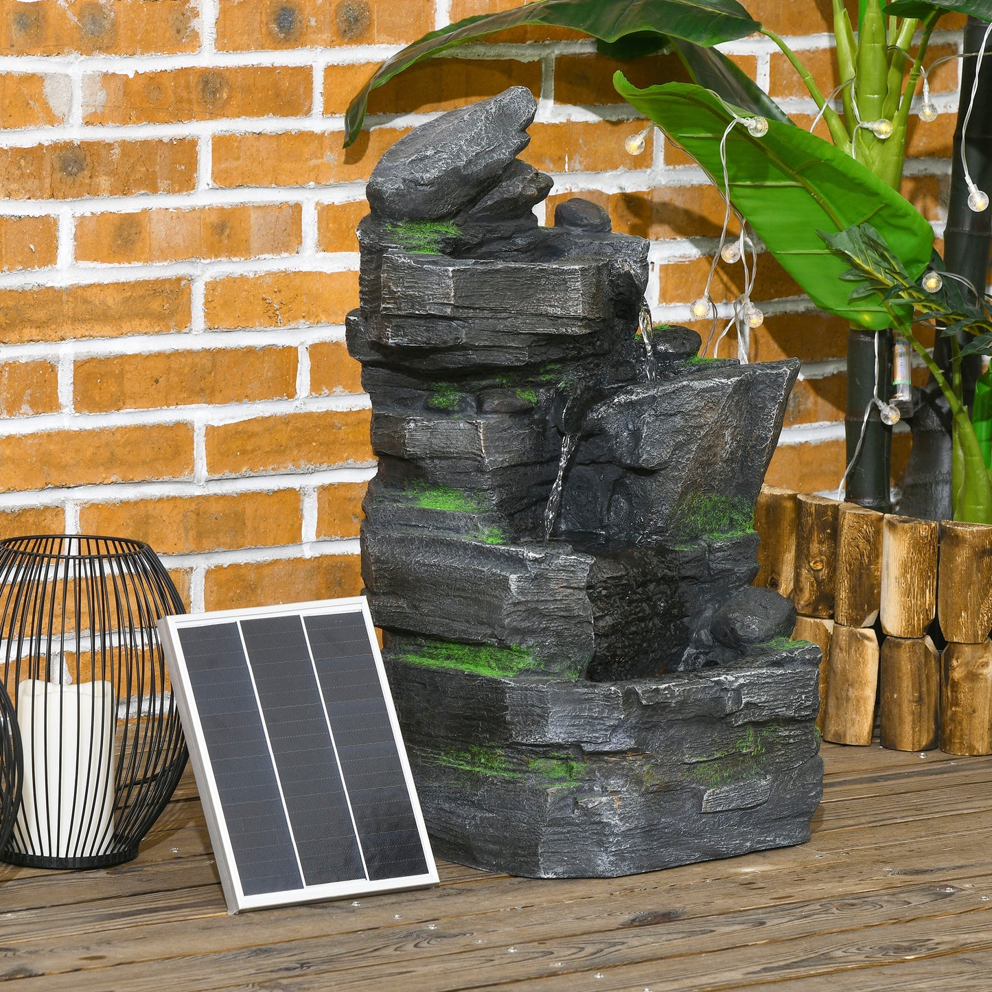 Garden Fountain, Outdoor Water Feature With LED Light, Dark Grey