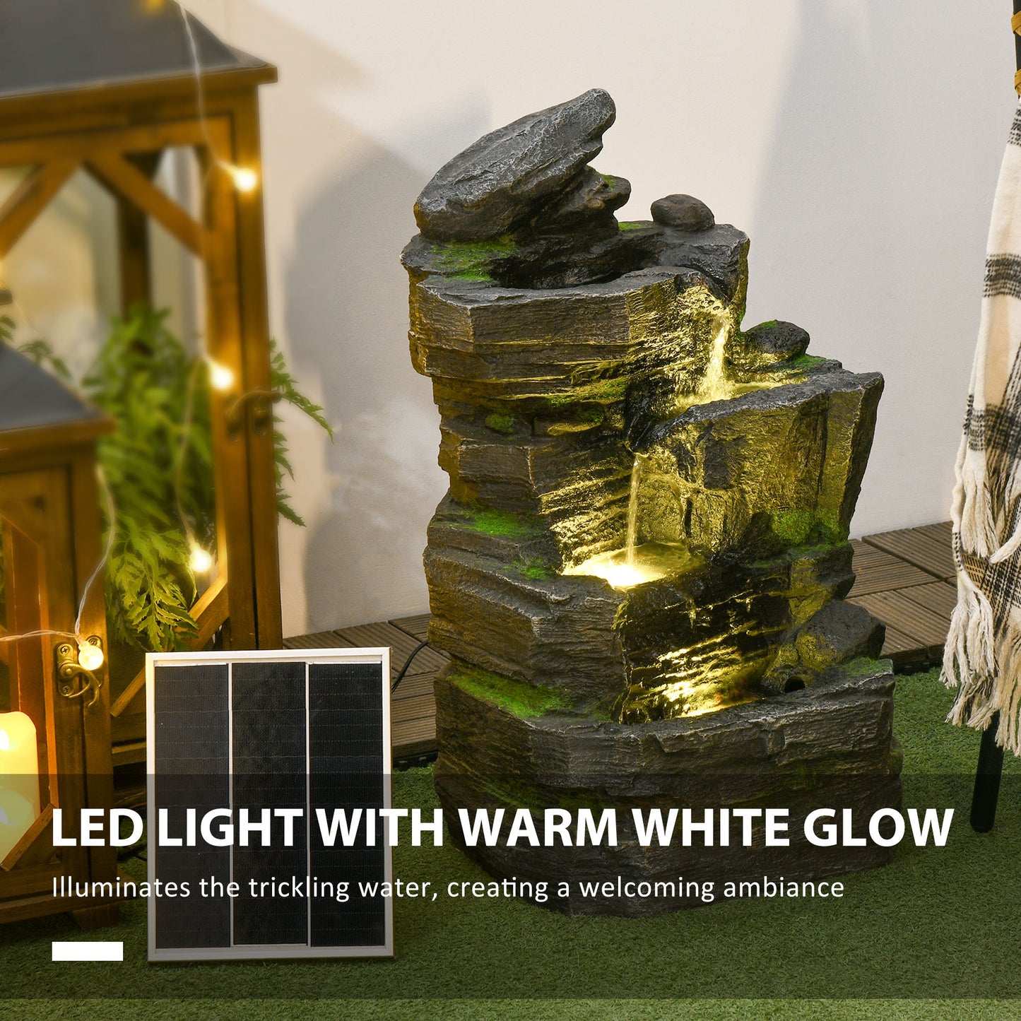 Garden Fountain, Outdoor Water Feature With LED Light, Dark Grey