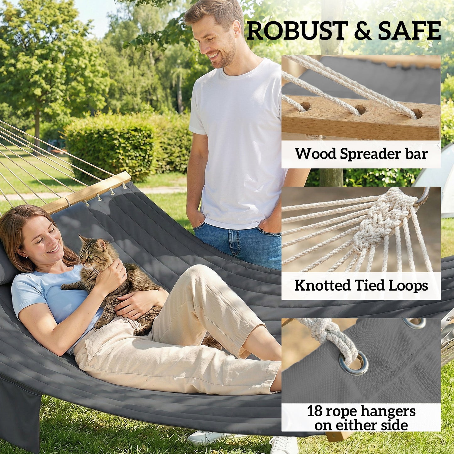 Double Hammock 2-Person Padded Swing Bed Grey