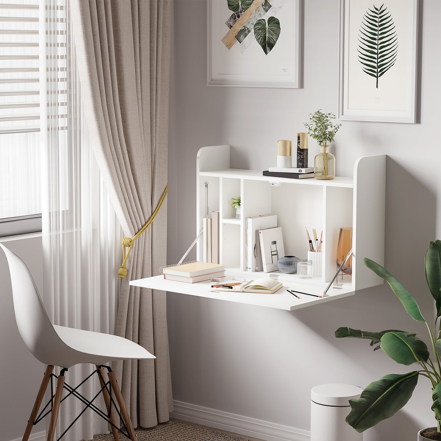 Wall Mounted Table w/ Space Saving Storage Compartments for Home Office