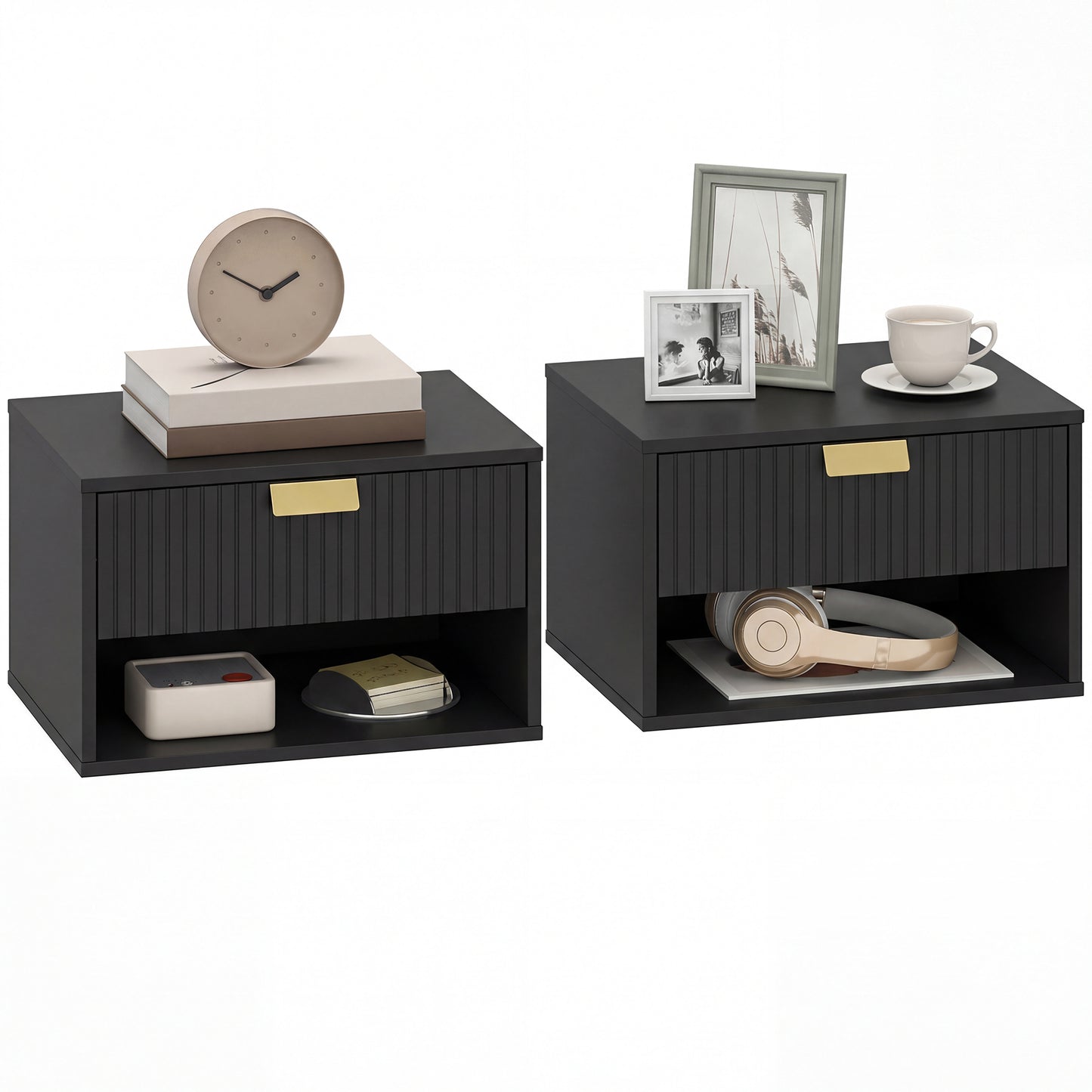 Floating Bedside Tables Set of 2 with Fluted Drawer Open Shelf Black