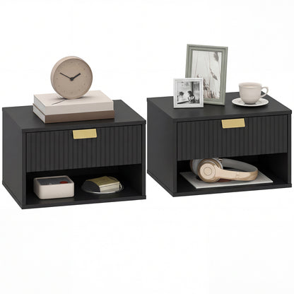Floating Bedside Tables Set of 2 with Fluted Drawer Open Shelf Black