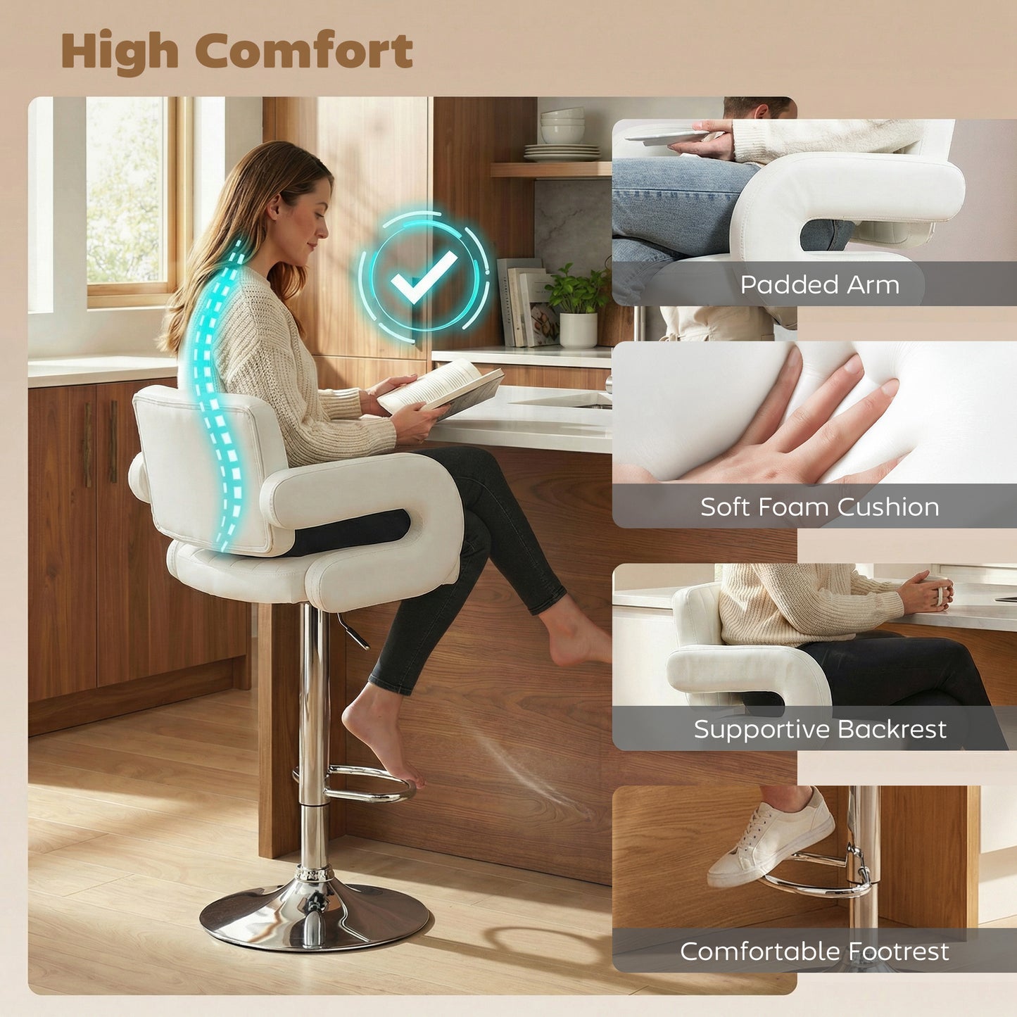 Bar Stools Adjustable Swivel with Armrest Set of 2 White