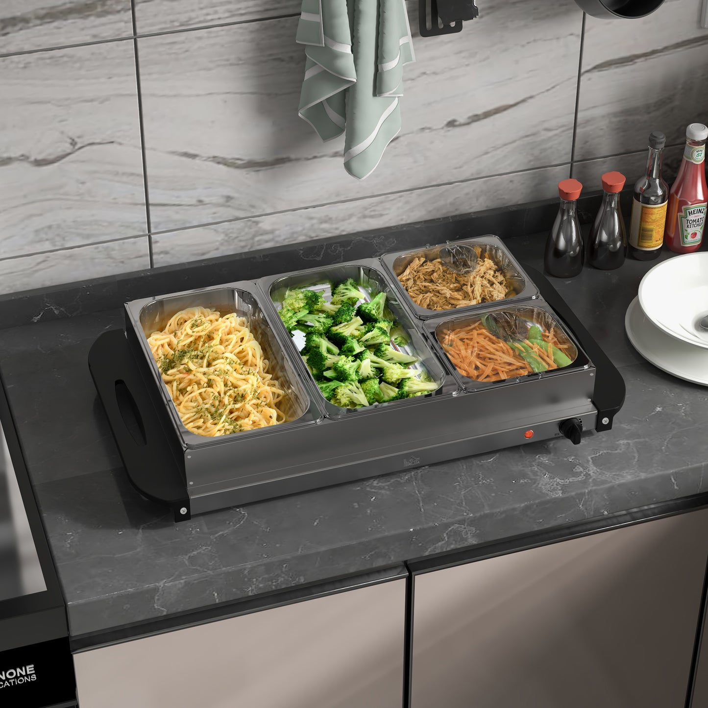 4 Tray Electric Food Warmer Buffet Server with Plate Warmer Function, Cool Touch Handles, Adjustable Temperature, 300W