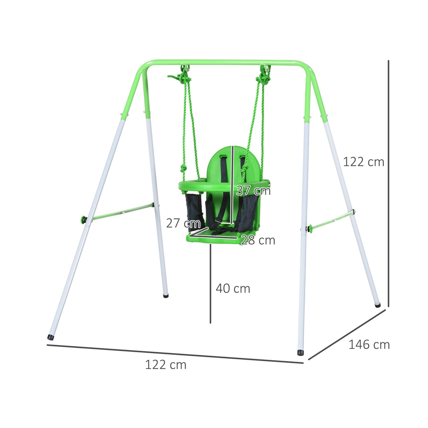Steel Nursery Swing with Safety Seat Belt Support Back Green