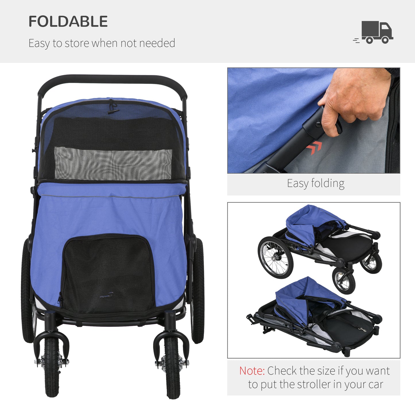 Foldable Pet Stroller with Cushion, for M, L Dogs - Blue