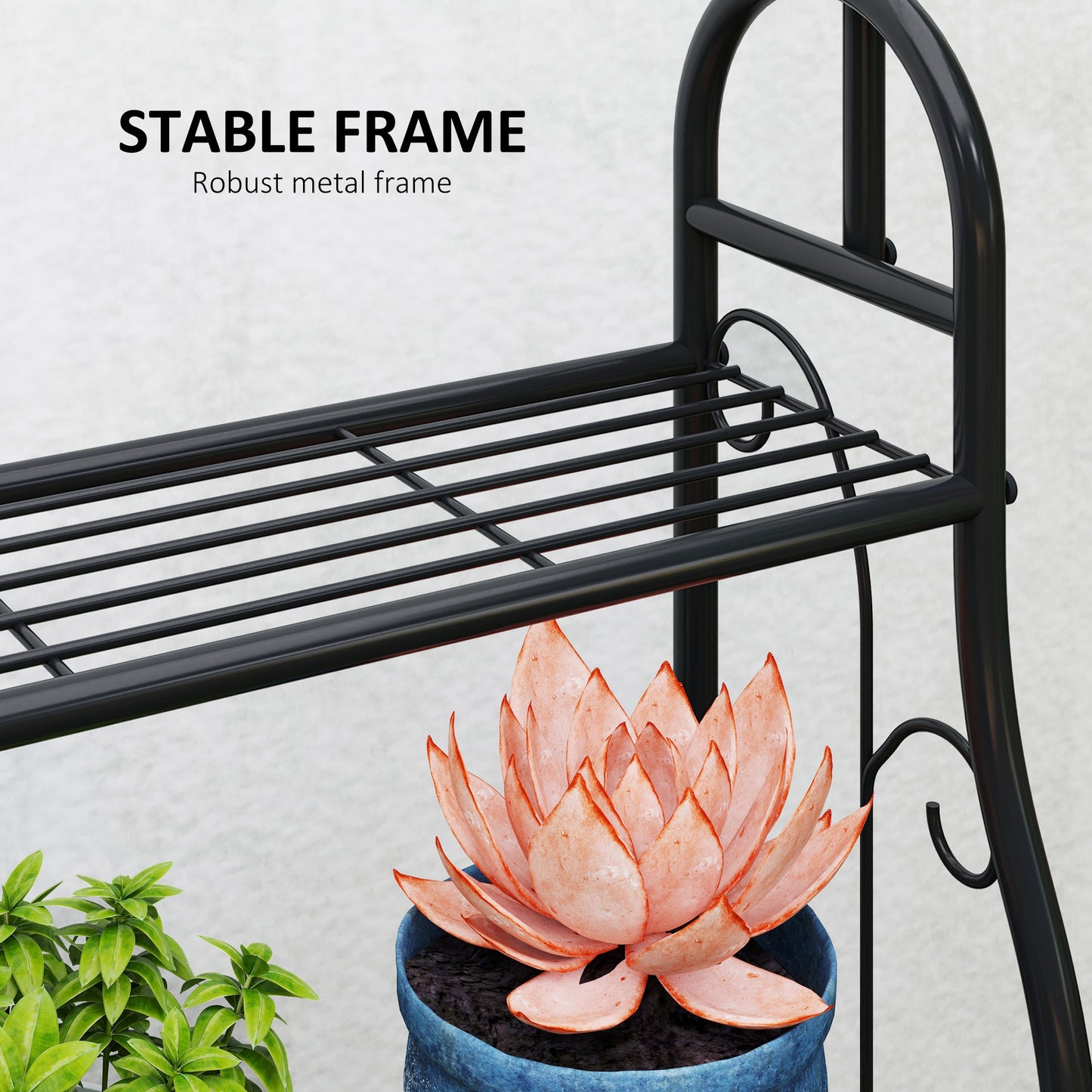 3 Tier Plant Stand w/ Hanging Hooks for Balcony Living Room, Black