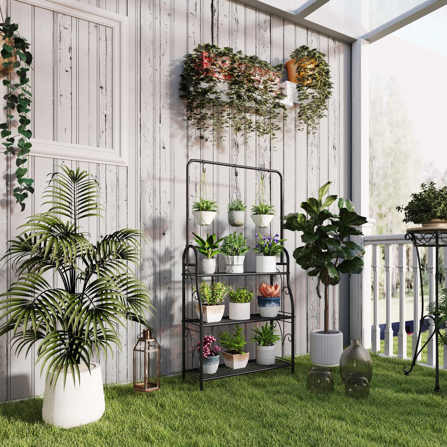 3 Tier Plant Stand w/ Hanging Hooks for Balcony Living Room, Black