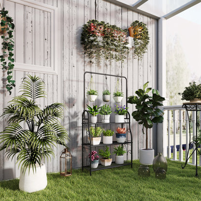 3 Tier Plant Stand w/ Hanging Hooks for Balcony Living Room, Black