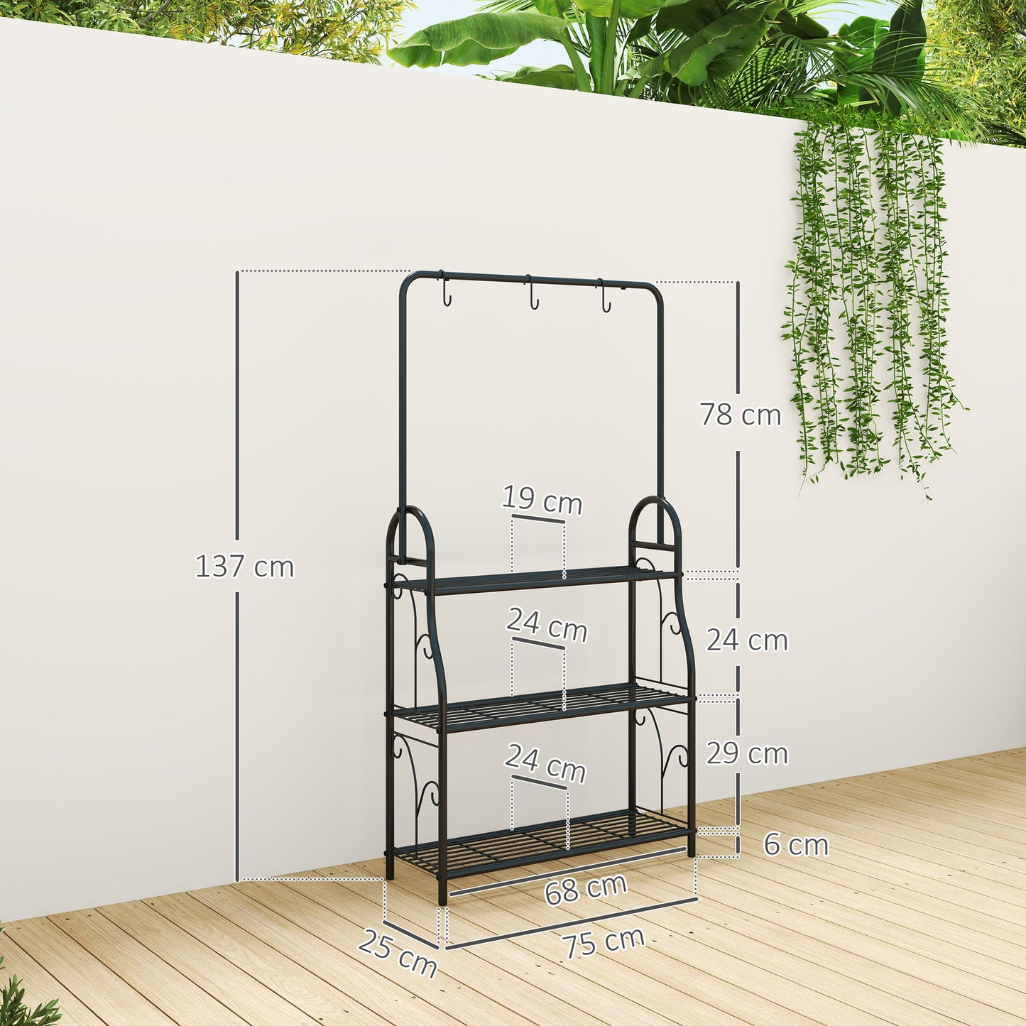 3 Tier Plant Stand w/ Hanging Hooks for Balcony Living Room, Black