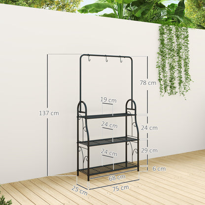 3 Tier Plant Stand w/ Hanging Hooks for Balcony Living Room, Black