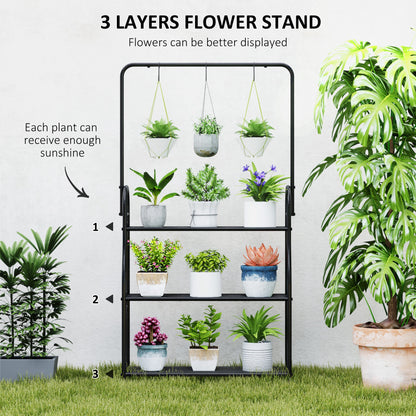 3 Tier Plant Stand w/ Hanging Hooks for Balcony Living Room, Black