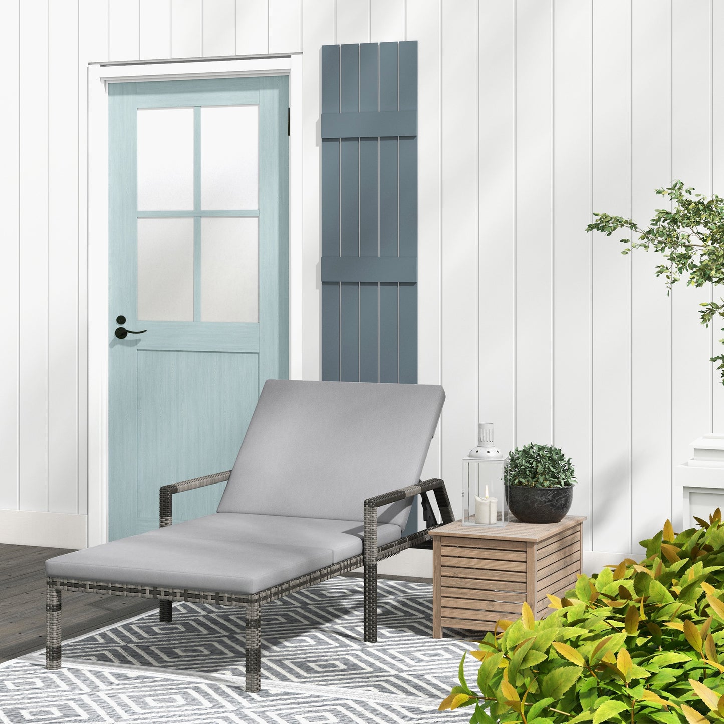Outdoor Sun Lounger, Rattan Wicker Chaise Reclining with 5-Level Adjustable Backrest and 2 Wheels