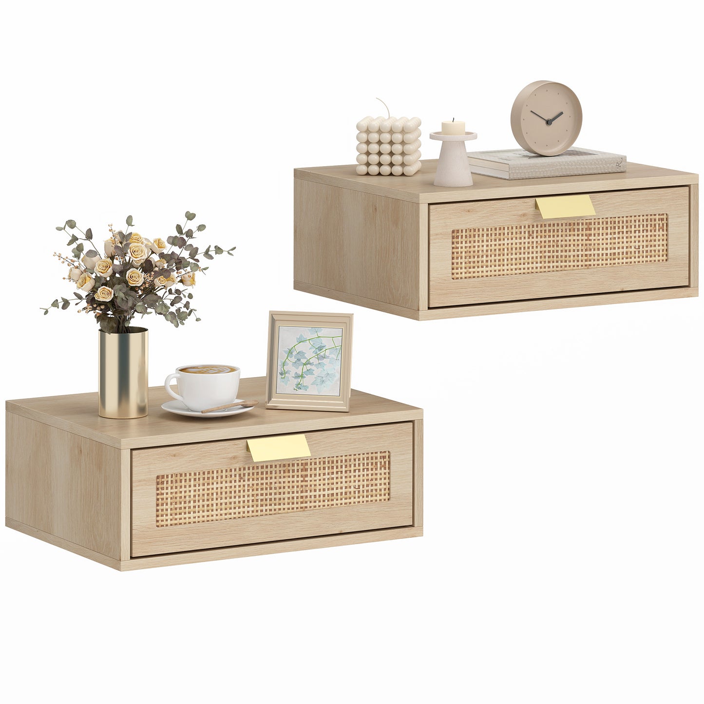 Floating Bedside Tables Set of 2, Boho Nightstands with Rattan Drawer
