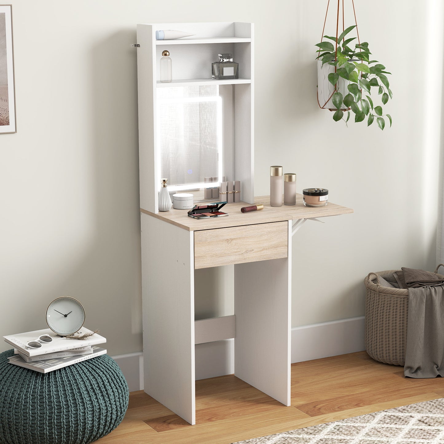 Compact Dressing Table with Lighted Mirror Open Shelves Drawer White