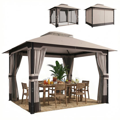 3 x 3.6 m Outdoor Garden Gazebo with Netting, Curtains, Khaki