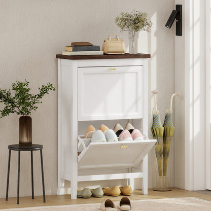 Shoe Cabinet with 2 Flip Drawers, Narrow Shoe Storage Cabinet, White