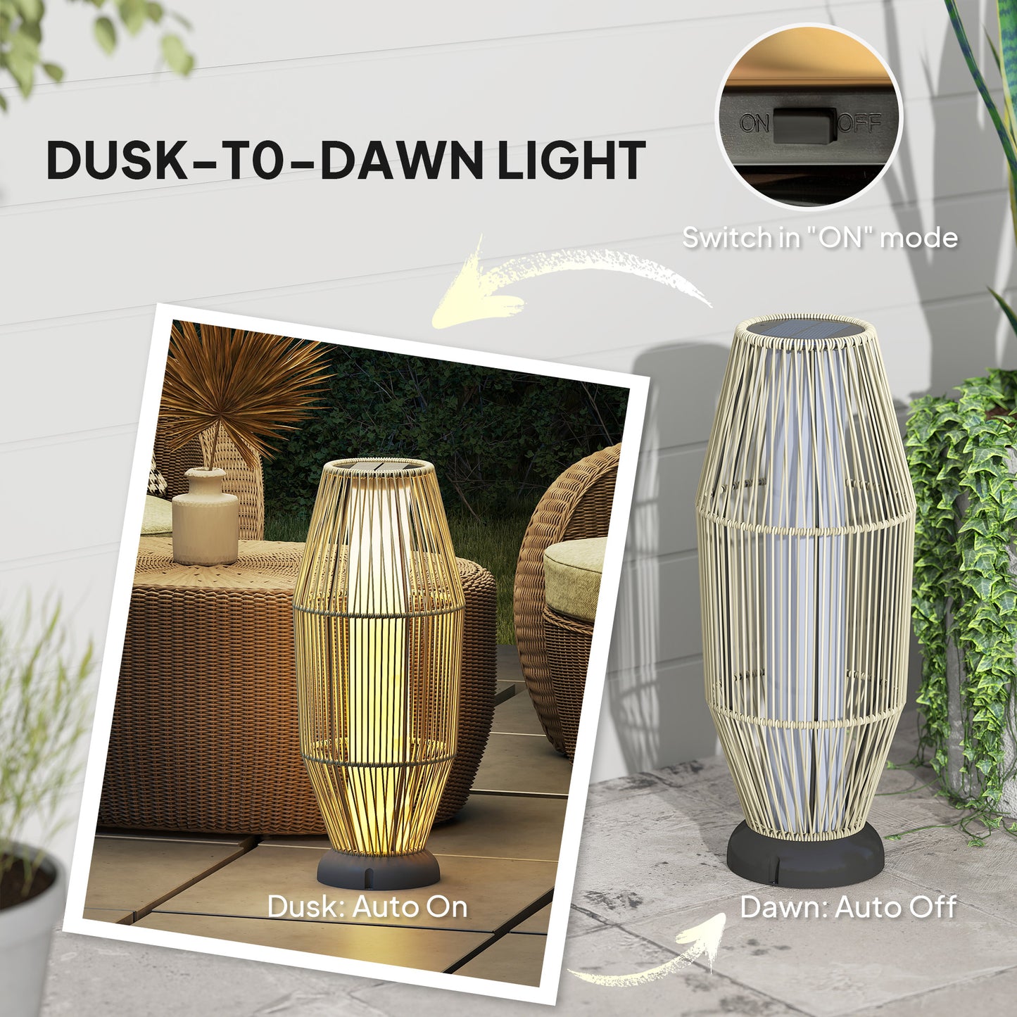 72 cm Rattan Solar Floor Lamp, Auto On/Off LED Garden Light, Grey