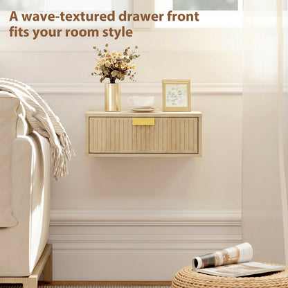 Modern Floating Nightstands Set of 2, Wall Mounted Bedside Tables with Wave Drawer for Bedroom and Living Room, 40W x 30D x 15H cm, Oak